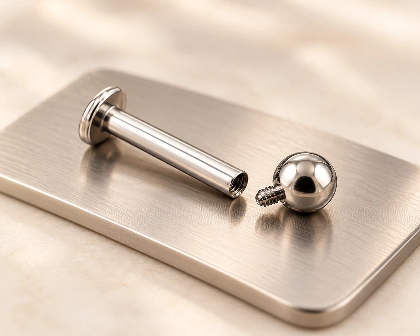Haste labret e topo esfera de titânio sobre uma superfície metálica