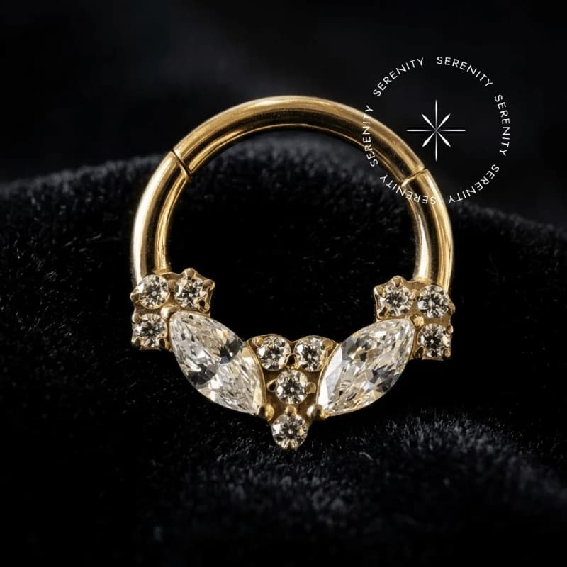 TN 647 - Argola Clicker Frontal Cravejada em V - Titânio Revestido de Ouro 18k — foto 1