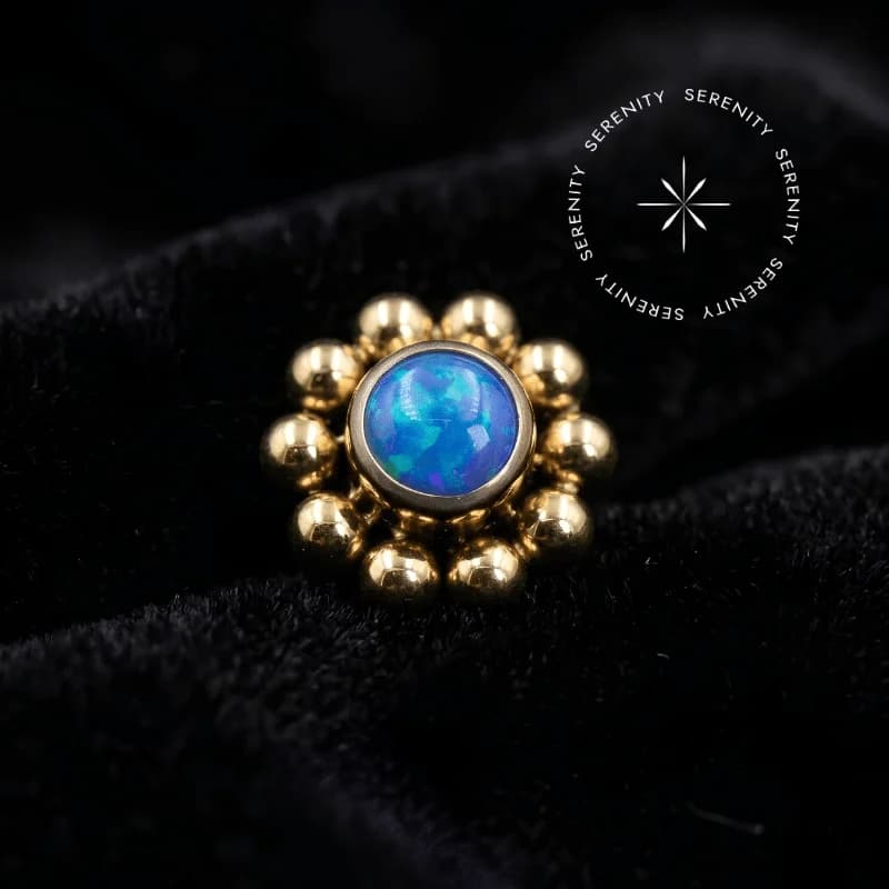 TN317 - Topo Sol com Esferas e Opala Azul - Titânio Revestido de Ouro 18k — foto 1