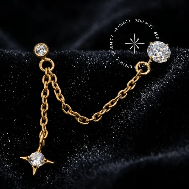 TN1722 - Topo Duplo Corrente com Estrela Cravejado - Titânio Revestido de Ouro 18k — foto 1