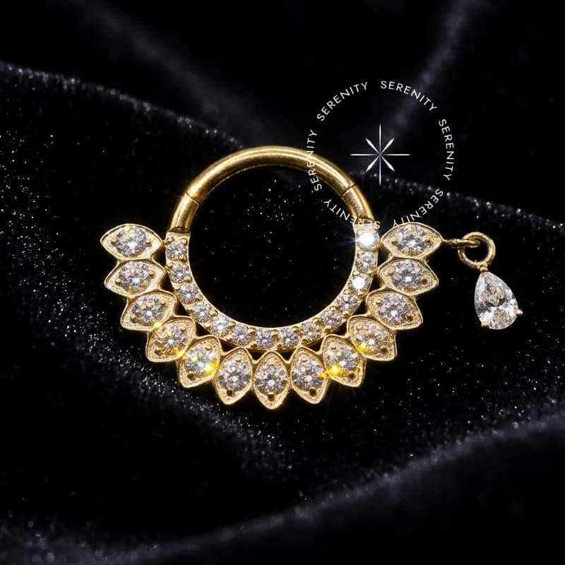 TN1178 - Argola Frontal Duplo Cravejado com Pingente - Titânio Revestido de Ouro 18k — foto 1