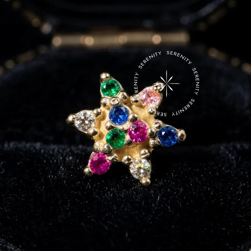 OR77 - Topo Flor Rainbow Cravejada - Ouro 18K Maciço — foto 1
