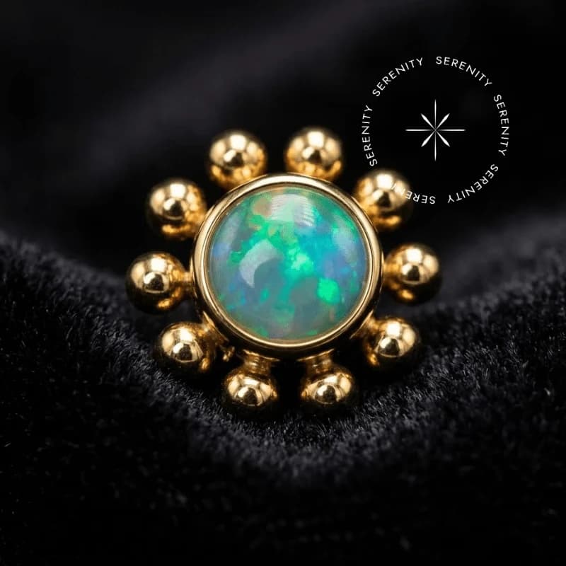 TN1339 - Topo Sol com Esferas e Opala Verde - Titânio Revestido de Ouro 18k — foto 1