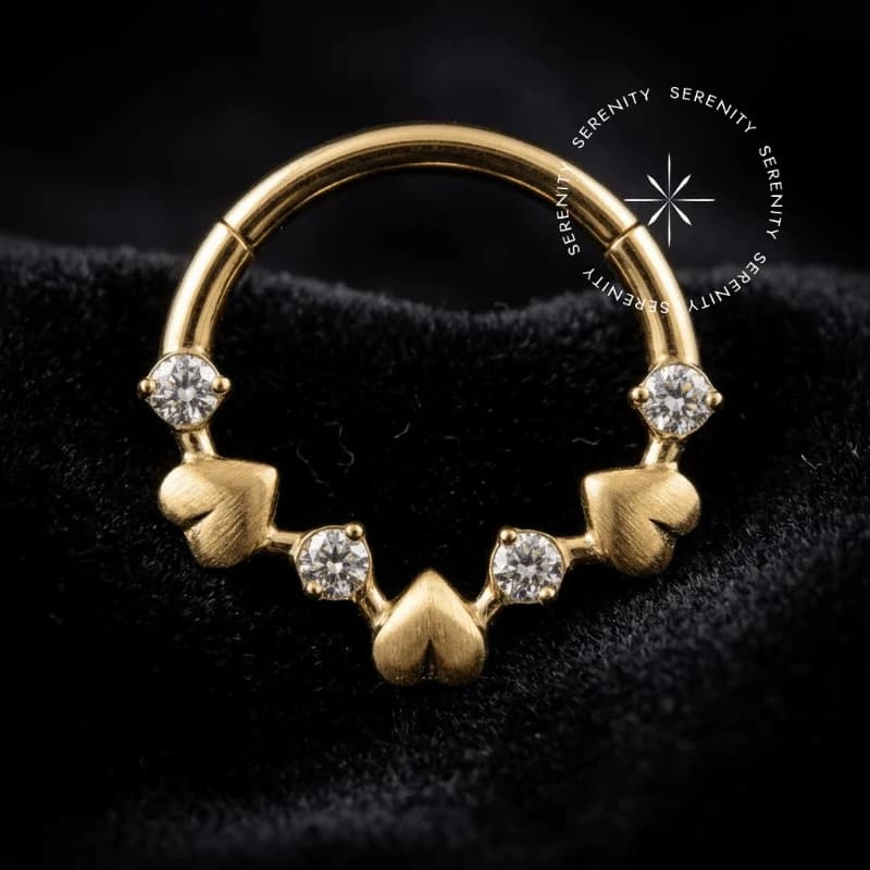 SRN-691 - Argola Clicker Cravejada com Corações - Titânio Revestido de Ouro 18k — foto 1
