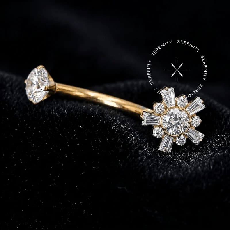 TN1168 - Piercing Umbigo Flor Baguetes - Titânio Revestido de Ouro 18k — foto 1