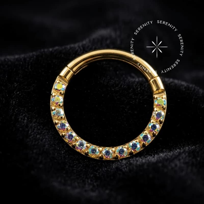 TN 1378 - Argola Clicker Cravejada Furta-Cor - Titânio Revestido de Ouro 18k — foto 1