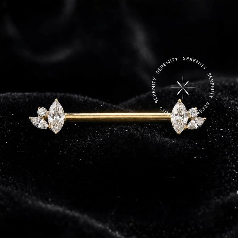 TN1654 - Piercing de Mamilo 2 Navetes Push Pin CZ - Titânio Revestido de Ouro 18k — foto 1
