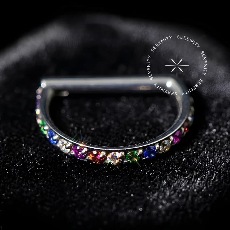 TN383 - Argola D-Ring Clicker Cravejada Rainbow - Titânio Grau Implante (ASTM F136) — foto 1