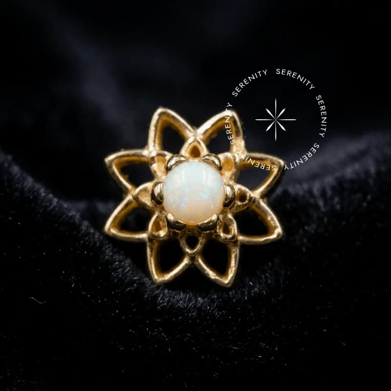 OR71 - Topo Flor de Lótus Vazada com Opala Cultivada em Laboratório - Ouro 18K Maciço — foto 1