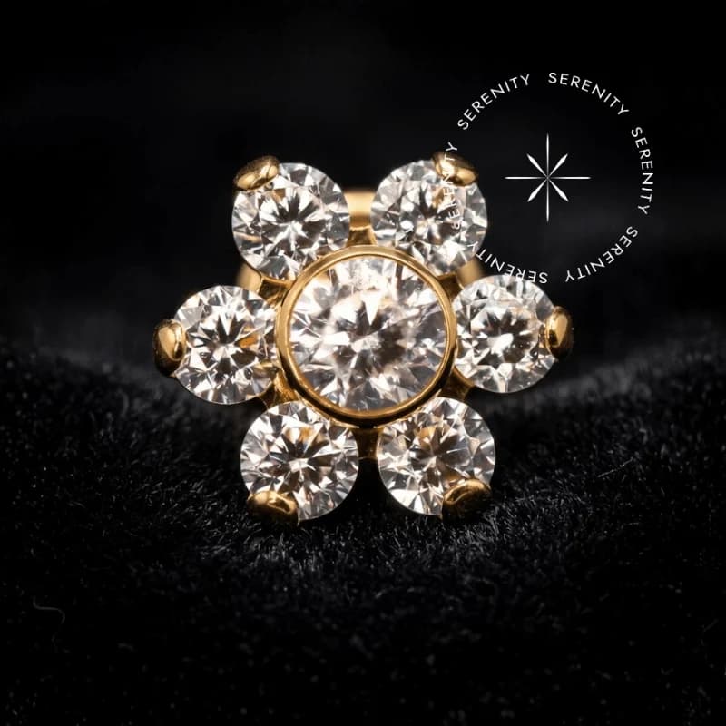 TN1395 - Topo Cravejado Flor Seis Pétalas - Titânio Revestido de Ouro 18k — foto 1