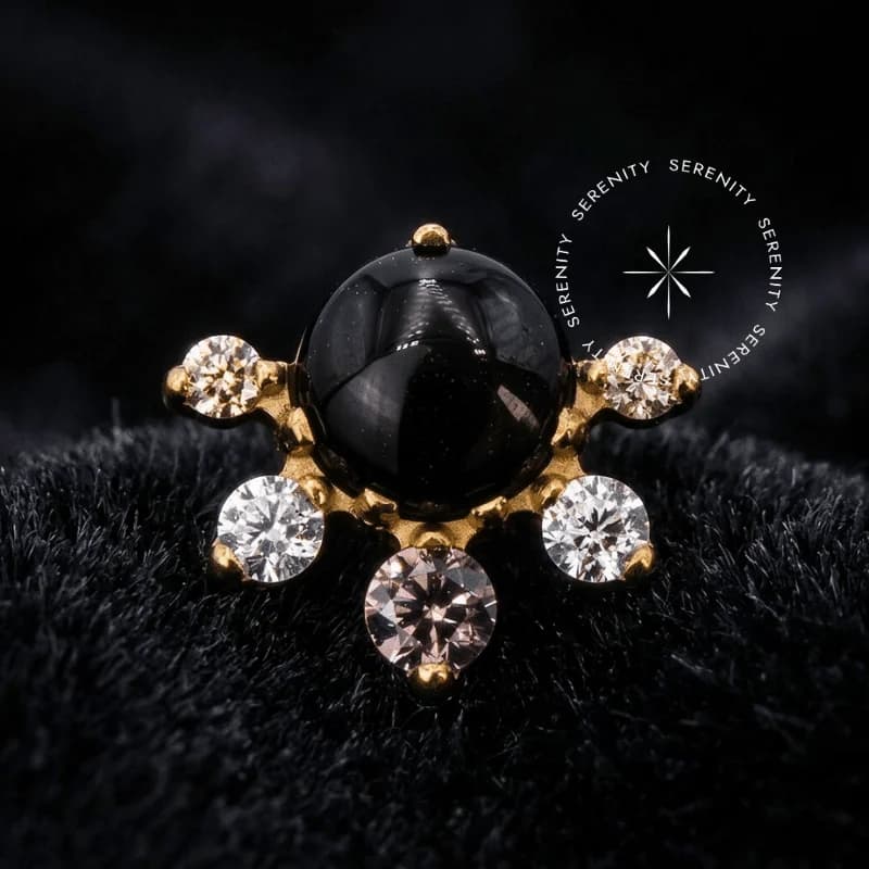 TN2154 - Topo Ônix Cultivada em Laboratório e CZ Rosa e Cristal - Titânio Revestido de Ouro 18k — foto 1