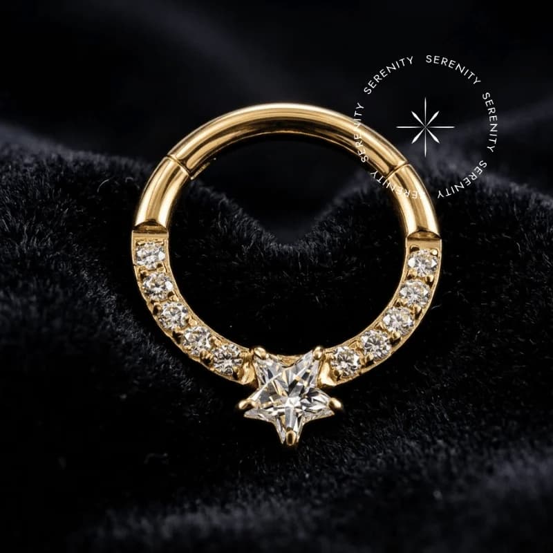 PVD 1074 - Argola Articulada Cravejada com Estrela Central - Titânio Grau Implante (ASTM F136) com Revestimento em Ouro 18k — foto 1