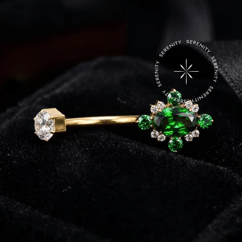 TN1346 - Piercing Umbigo Luxo Esmeralda - Titânio Revestido de Ouro 18k — foto 1