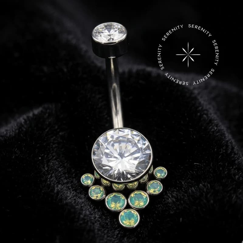 TN418 - Navel Cravejado Big Flat Opalite Green - Titânio Grau Implante (ASTM F136) — foto 1