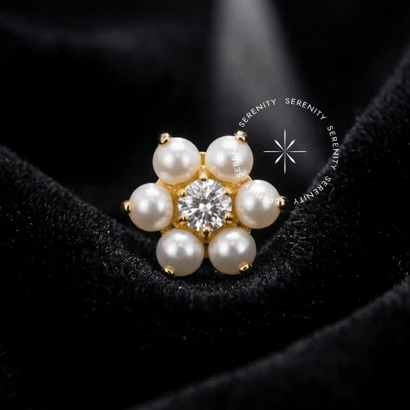 TN1952 - Topo Flor de Pérolas Push Pin - Titânio Revestido de Ouro 18k — foto 1
