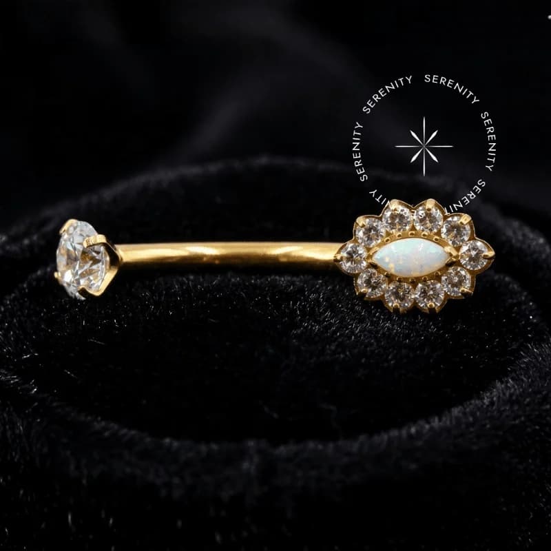 TN750 - Piercing Umbigo Flor Oval Opala Cultivada em Laboratório - Titânio Revestido de Ouro 18k — foto 1