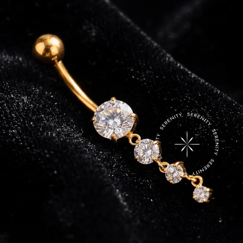 TN1766 - Piercing Umbigo Pingente 3 Zircônias - Titânio Revestido de Ouro 18k — foto 1