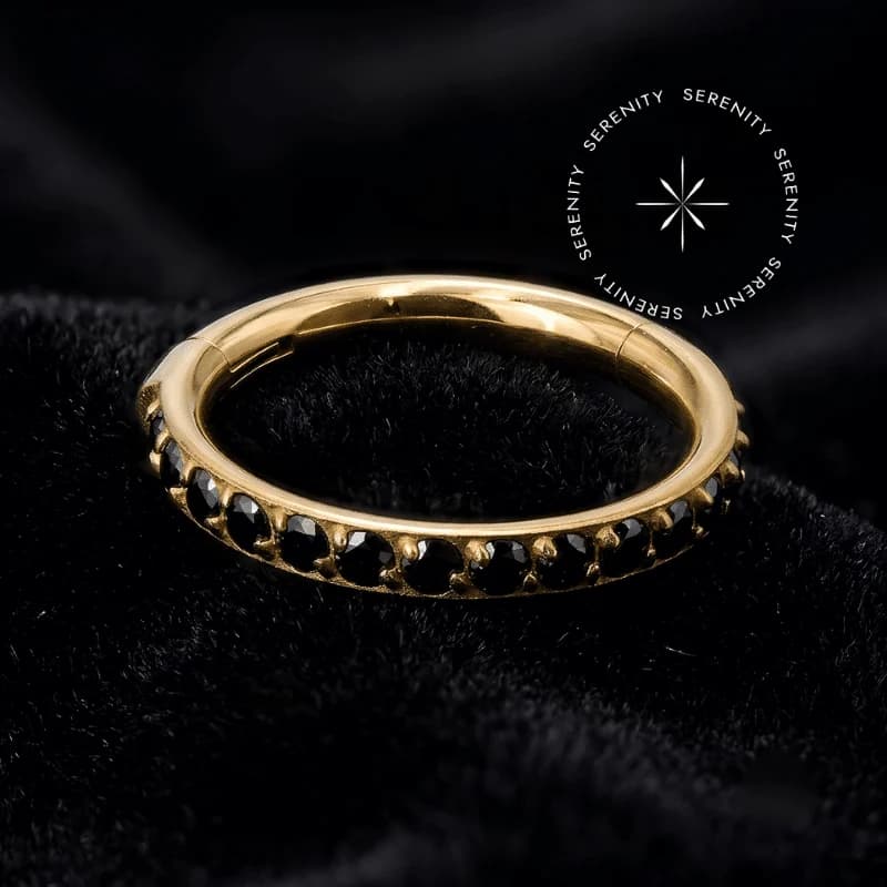 TN2335 - Argola Clicker Segmentada Cravejada CZ Black - Titânio Revestido de Ouro 18K — foto 1