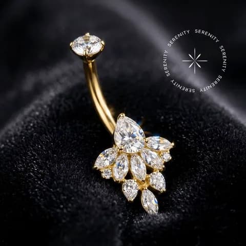 TF19714 - Piercing Umbigo Cluster Floral Luxo - Titânio Revestido de Ouro 18k