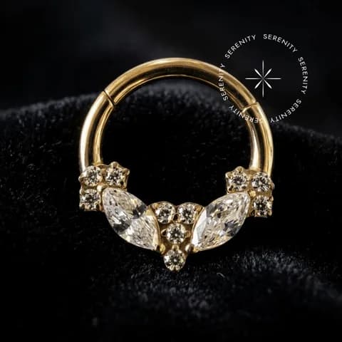 TN 647 - Argola Clicker Frontal Cravejada em V - Titânio Revestido de Ouro 18k