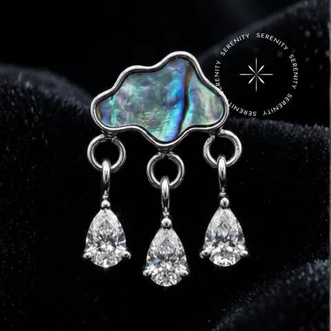 TN 2451 - Topo Nuvem com Pedra Natural Abalone e Pingentes Cravejada - Titânio Grau Implante (ASTM F136)