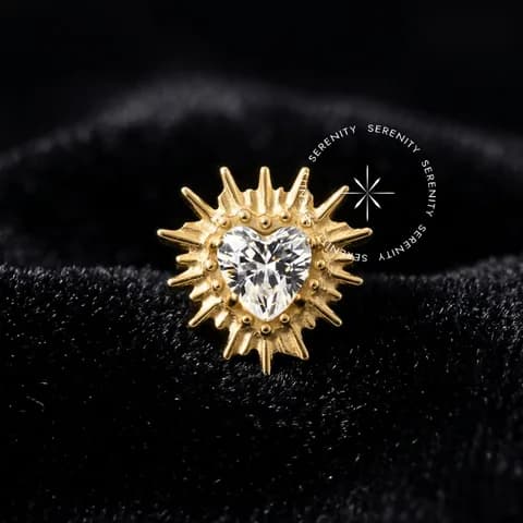 TN895 - Topo Coração Cravejado com Raios - Titânio Revestido de Ouro 18k