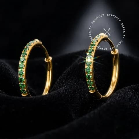 TN2364 / TN2365 - Brinco Argola Cravejada Verde - Titânio Revestido de Ouro 18k