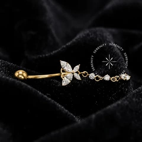 TN1224 - Piercing Umbigo Borboleta com Pingente - Titânio Revestido de Ouro 18k