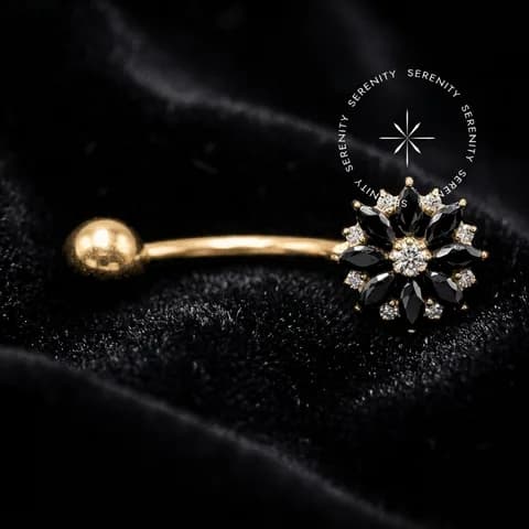 TN1329 - Piercing Umbigo Flor Majestic Black - Titânio Revestido de Ouro 18k