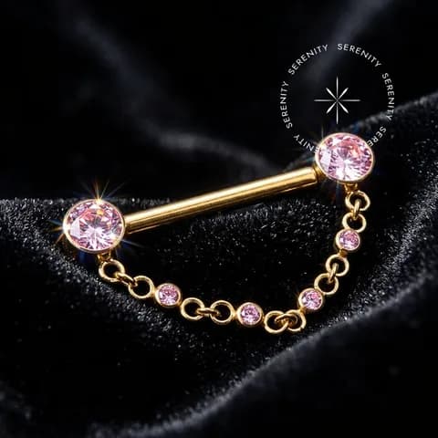 TN1119/1425 - Piercing de Mamilo CZ Corrente Push Pin Unilateral - Titânio Revestido de Ouro 18k