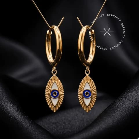 TN2153 - Brinco Argola Pingente Olho Grego - Titânio Revestido de Ouro 18k