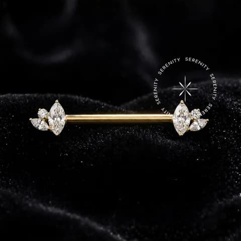 TN1654 - Piercing de Mamilo 2 Navetes Push Pin CZ - Titânio Revestido de Ouro 18k