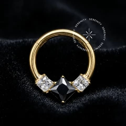 TN1313 - Argola Frontal Zircônia Black - Titânio Revestido de Ouro 18k