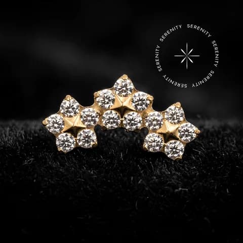 TN676 - Topo Cluster Três Flores Cravejado - Titânio Revestido de Ouro 18k