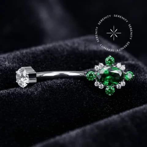 TN1344 - Piercing Umbigo Luxo Zircônia Esmeralda - Titânio Grau Implante (ASTM F136)