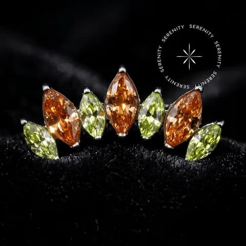 TN753 - Topo Cluster Navetes Laranja e Verde Cravejado - Titânio Grau Implante (ASTM F136)