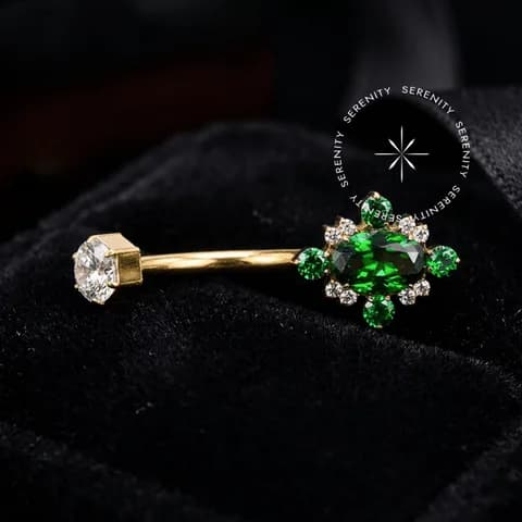 TN1346 - Piercing Umbigo Luxo Esmeralda - Titânio Revestido de Ouro 18k