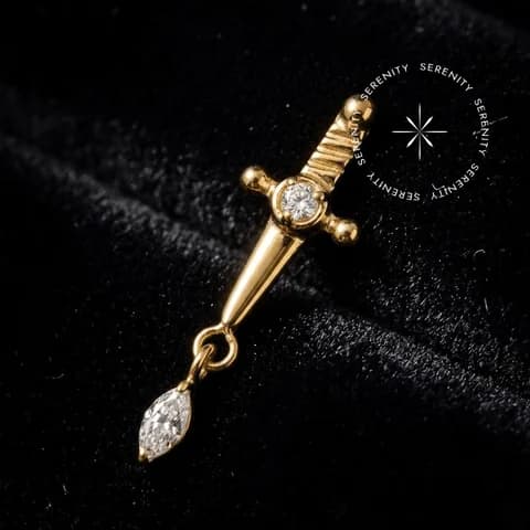 TN1666 - Topo Espada com Pingente Navete - Titânio Revestido de Ouro 18k