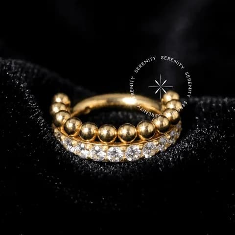 TN1071 - Argola Segmentada Cravejada Dupla - Titânio Revestido de Ouro 18k