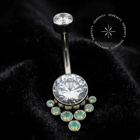 TN418 - Navel Cravejado Big Flat Opalite Green - Titânio Grau Implante (ASTM F136)