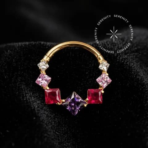 PVD 998 - Argola Articulada Cravejada Colorida - Titânio Revestido de Ouro 18k