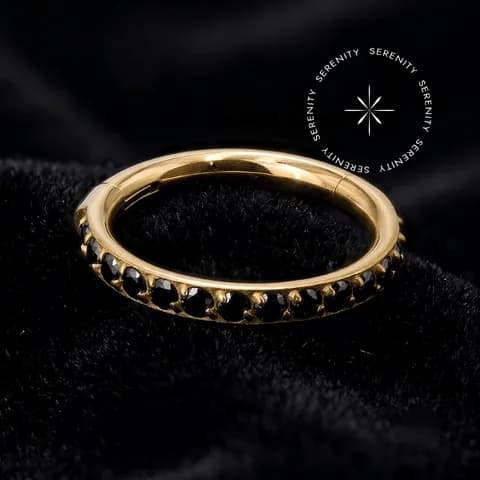 TN2335 - Argola Clicker Segmentada Cravejada CZ Black - Titânio Revestido de Ouro 18K