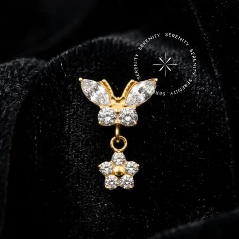 TN964 - Topo Borboleta Pingente Flor Cravejado - Titânio Revestido de Ouro 18k