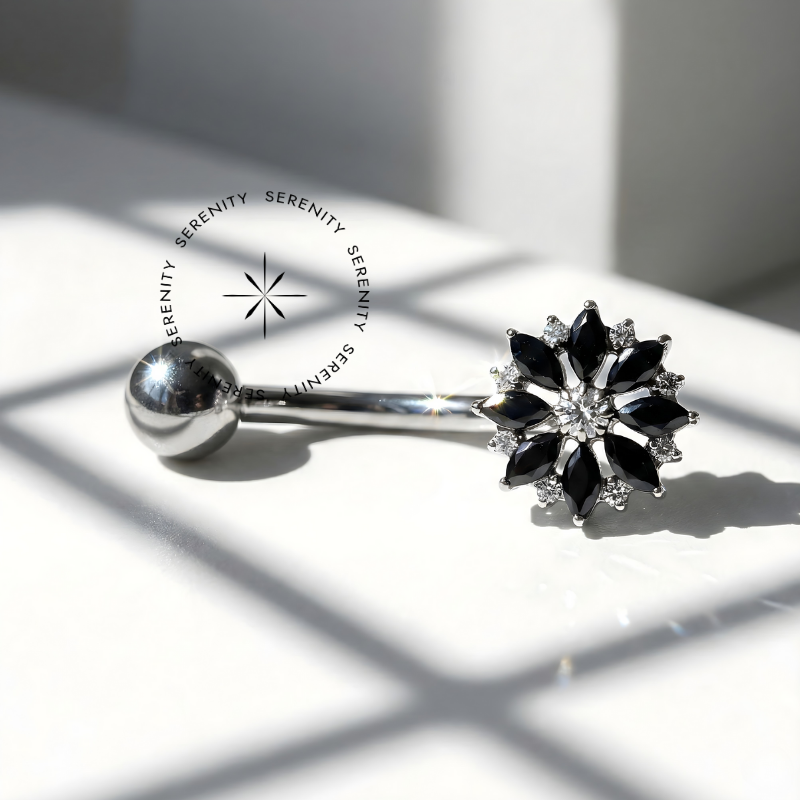 TN1328 Piercing Umbigo Flor Zircônia Black Titânio ASTM F-136