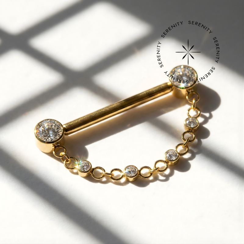 TN1119 Piercing Mamilo Com Corrente Push Pin Unilateral Titânio PVD Gold