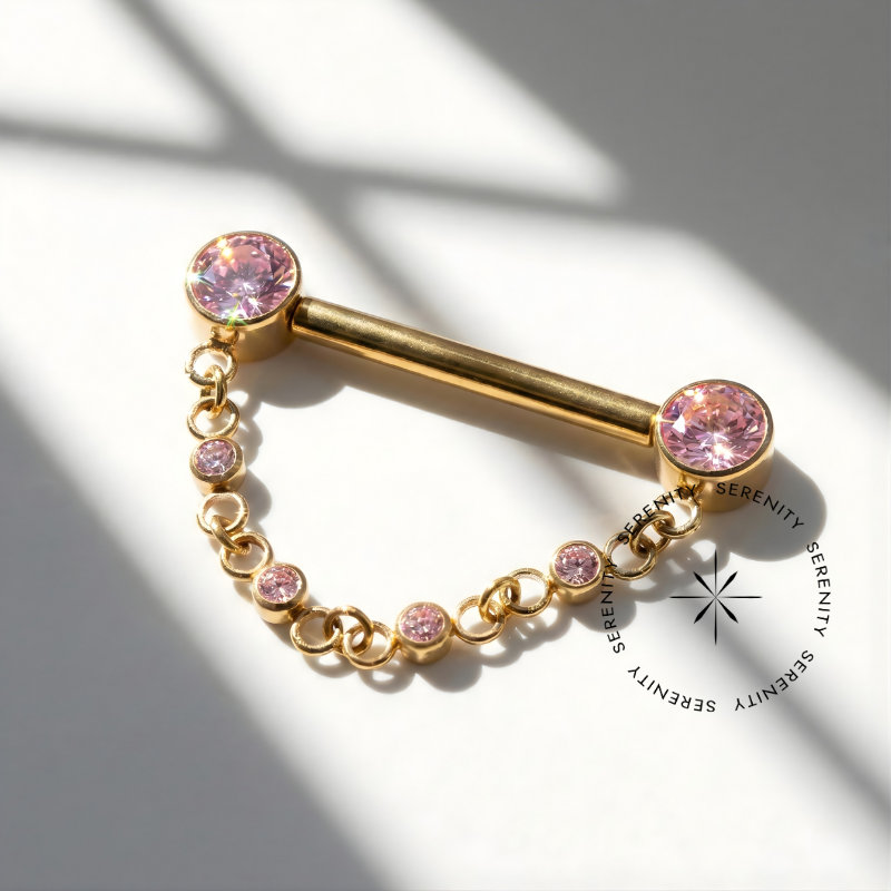 TN1425 Piercing Mamilo Zircônia Rosa Corrente Push Pin Titânio PVD Gold