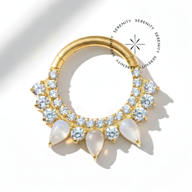 TN1788 Argola Frontal Gotas Pedra da Lua e Zircônia Titânio PVD Gold