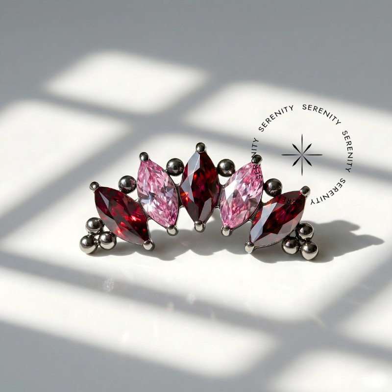 TN668 Piercing Topo Cluster Navetes Roxo e Rosê Titanio ASTM F136