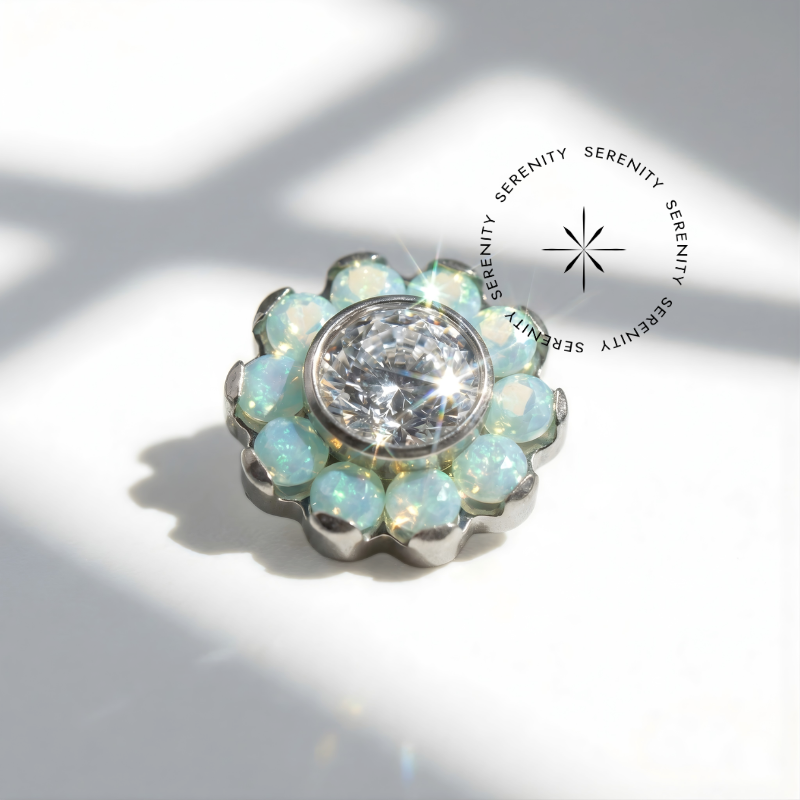 TN520 Piercing Topo Big Flor Opalite Green Titânio ASTM F136