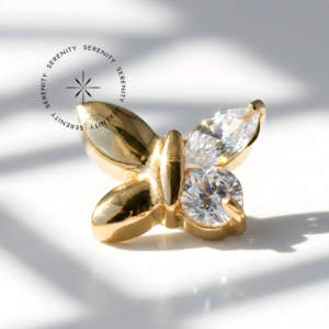 Piercing Topo Borboleta Zircônia Navetes Titânio e Ouro 18k